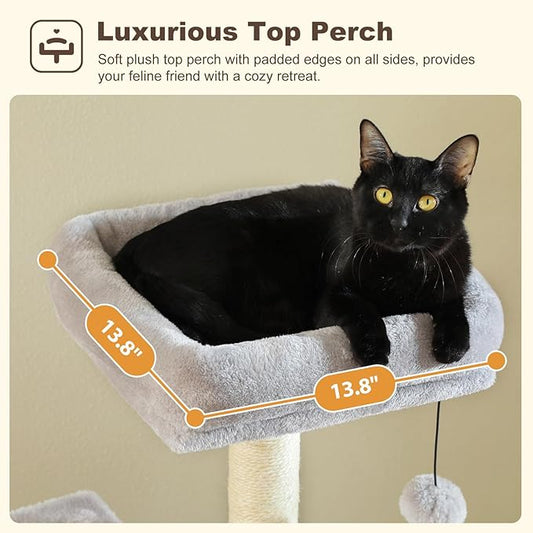 MUTTROS Cat Tree for Indoor Cats, 62-Inch Multi-Level Cat Tower with Scratching Posts for Large Cats, 2 Bigger Plush Condos, Padded Platform, Soft Cat Bed and Scratching Pad, 2 Pompoms, Gray