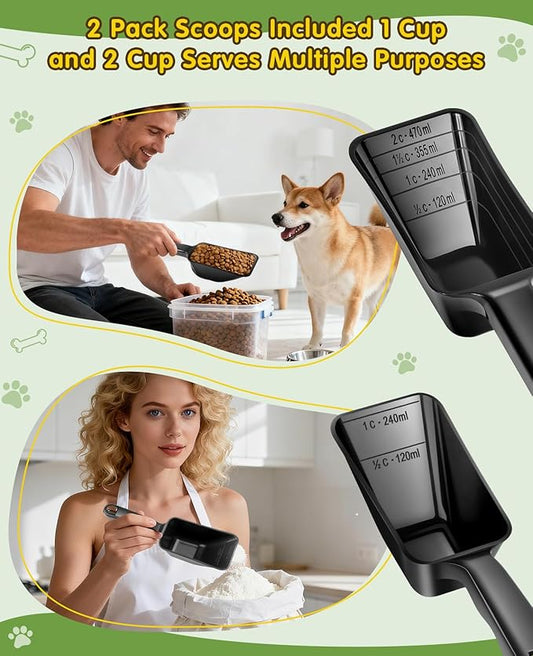 2 Pack Dog Food Scoop with 1 Cup and 2 Cup Capacity, Plastic Pet Food Measuring Scoops with Clear Measurement Lines for Dogs, Cats & More,Dishwasher safe (Black)