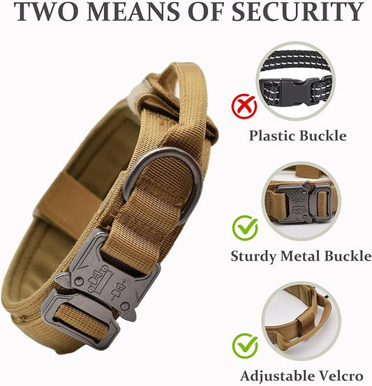 Tactical Dog Collar Set, Adjustable Military Training Nylon Dog Collar with Control Handle and Heavy Quick-Release Metal Buckle for Small Medium Large Dogs, Brown S