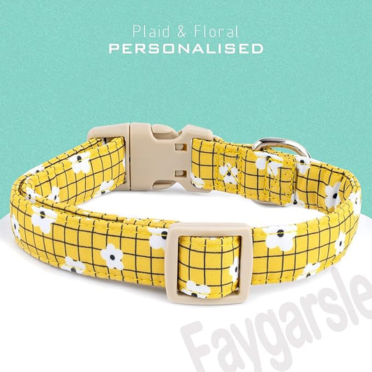 Faygarsle Floral Plaid Pattern Dog Collar, Yellow with White Flowers Summer Spring Design for Small Medium Large Dogs M