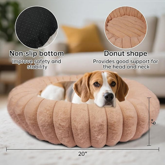 Donut Dog and Cat Bed, Luxurious Comfortable Faux Rabbit Fur Pet Beds, Soft Anti-Anxiety Calming Puppy Kitten Bed with Anti-Slip Bottom for Small Medium Dogs & Cats(20", Brown)