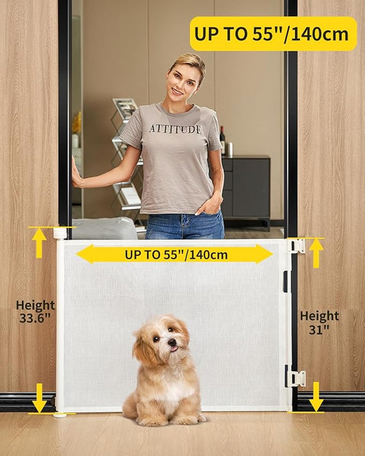 2-Pack Retractable Baby Gate for Stairs-33”Height, Expands up to 55”Width-Safety Gate for Infants, Toddlers, Dogs & Pets-Easy Install, Secure Closure, White Mesh Design for Indoor & Outdoor Use