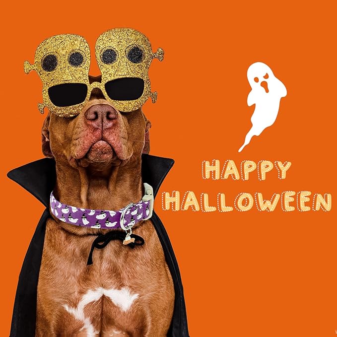 Faygarsle Halloween Dog Collar with Charm, Purple with Ghost Pattern, Adjustable Pet Collar for Small Medium Large Dogs S
