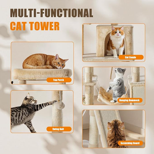 Sweetcrispy 63 inch Cat Tree Tower, Large Multi Level Cat Climbing Tower with Condo, Natural Sisal Scratching Posts, Extended Platform, Hammock, Pet House for Indoor Cats and Kittens Play, Beige