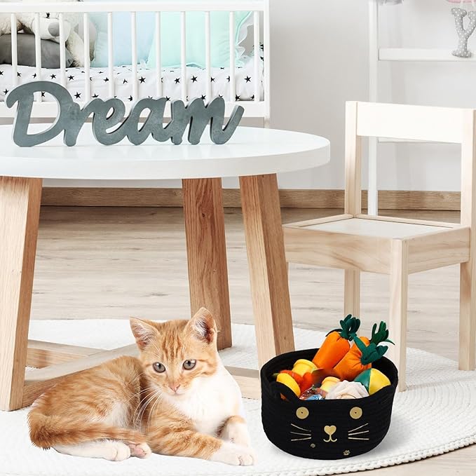 Zopeal Cat Basket Storage Woven Organizer with Ears Easter Decorative Pet Toy Cute Cotton Rope Basket for Gift Cat Dog Toy Bin Nursery Room(8.3 x 4.7 Inch,Black)