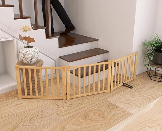 YOCAN Paint-Free Wooden Freestanding Dog Gates for The House,Doorways, Stairs,Wood Dog Fences Indoor Pet Gate,Step Over Fence-3 Panels L:69" H:16.9"