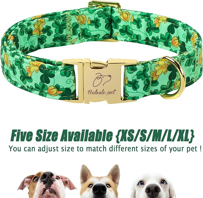 St. Patrick's Day Dog Collar for Small Dogs - Lucky Festival Dog Collars, Green Clover & Floral Pattern, Adjustable Heavy Duty Spring Dogs Collar with Metal Buckle S