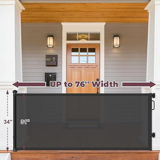 76" Retractable Baby Gates Extra Wide, Mesh Long Dog Gate for Wide Openings, Indoor Outdoor Stair Gate for Doorways Hallways Deck Porch, Child Pet Safety Essentials for Home, Black