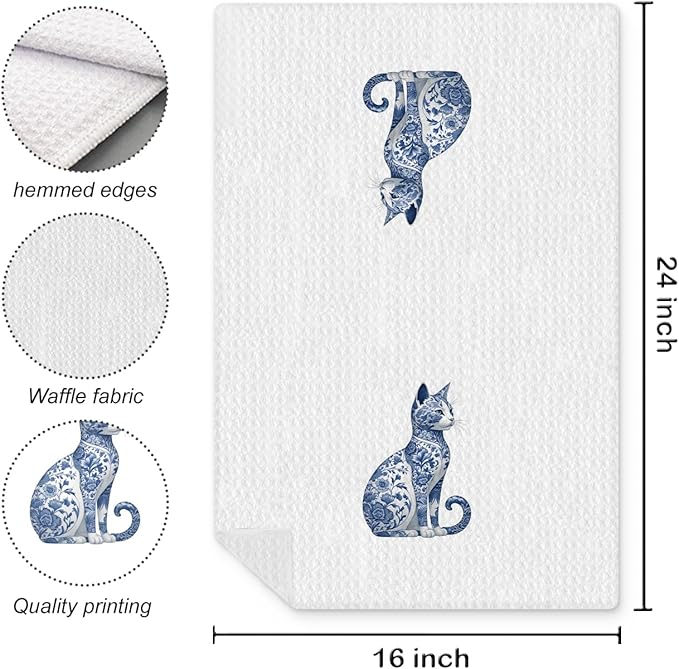 Blue and White Chinoiserie Floral Cat Kitchen Towel, Vintage Floral Cat Hand Towel Dish Towel, Kitten Women Mom Lady Gifts, 16x24 Inch