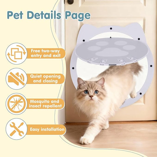Cat Door for Screen Door, Cat Screen Door, Pet Screen Doors with Lockable Magnetic Flap for Doggy and Cat Door, 11.42 x 8.66 x 0.39in (White)