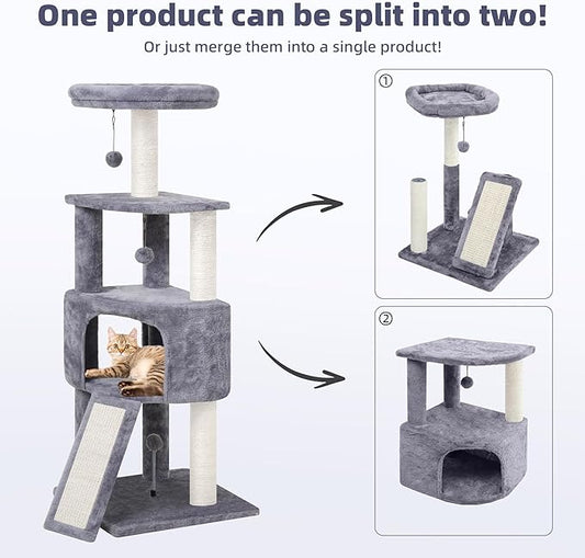 HUITREE 45in Cat Tree Tower with Big Condo for Indoor Kitten,Cat Tower with Scratching Post,Scratching Board and Cat Toys,Multi-Level,Small Space,Transformer Cat Tree, Grey(New)