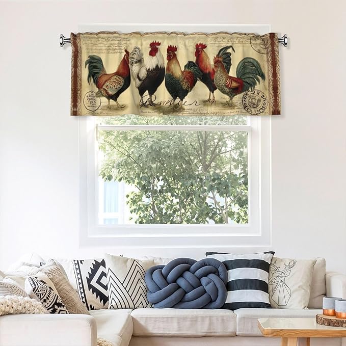 Worltoldb Vitange Chicken Curtain Valance Short Rod Pocket Window Treatment for Living Room Bedroom Kitchen Bathroom 1 Panel 54" W x 18" L
