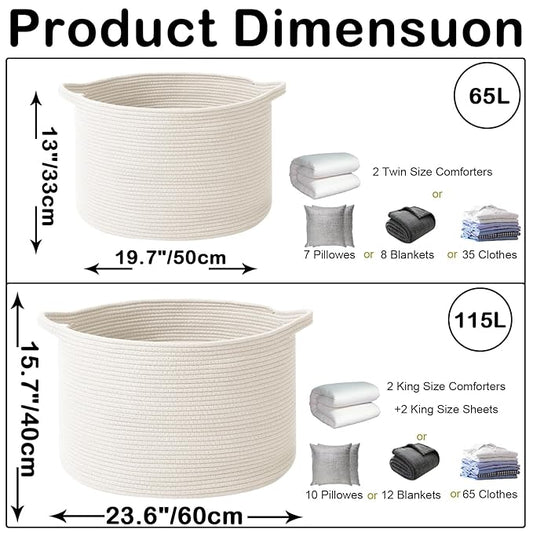 65L Large Blanket Basket,19.7" L x 19.7" W x 13" H Rope Woven Baskets with Handles, Toys Storage Bins,Laundry Basket Perfect for Living Room, Nursery,Bedroom,Home Organization,White