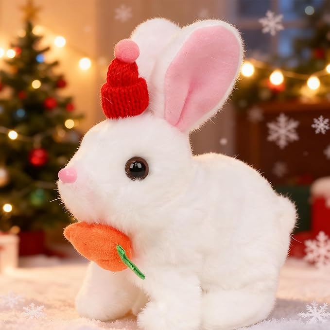 Easfan Bunny Plush Jumping Spotted White Rabbit with Hat Hopping Ears Nose Moving Educational Plush Toy Singing Shaking Glowing Interactive Toy Electric for Toddlers Kids