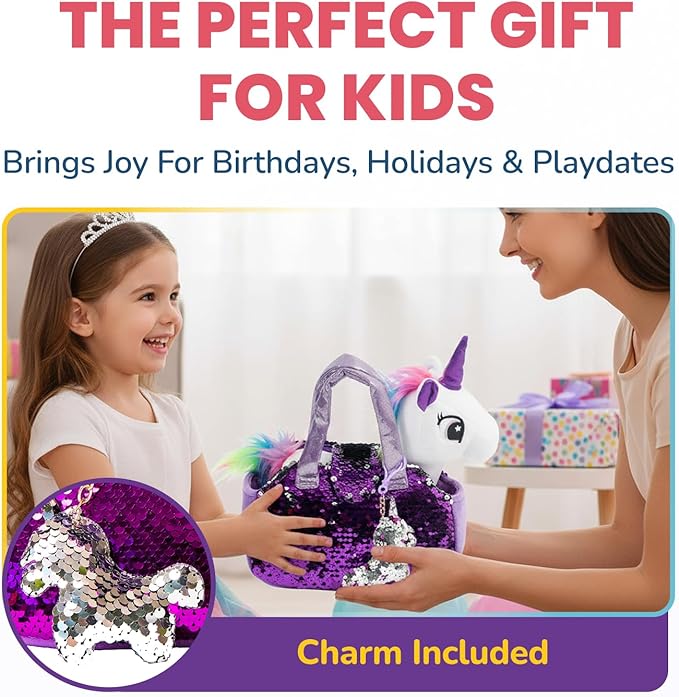 Little Jupiter Plush Pet Set w/Purse - Unicorn Stuffed Animals for Girls - Plush Gift for Age 4-5 - 6-7 yrs (White Unicorn)