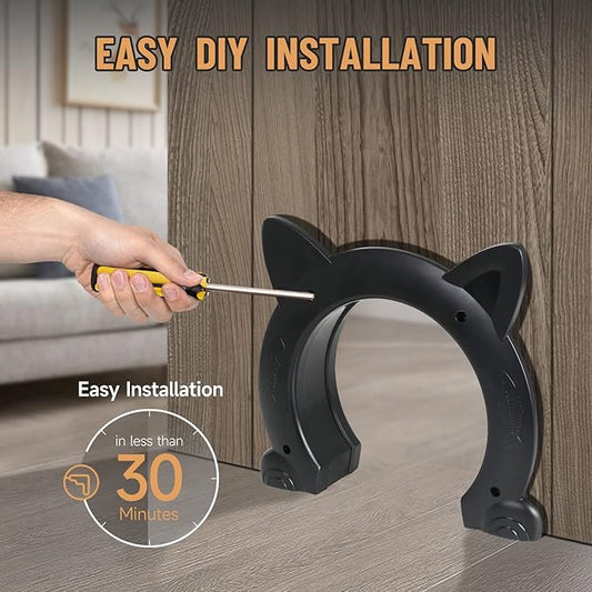 Cat Door Interior Door for Kitties, Pet Door for Hollow Door, Kitty Door, Indoor, Secured Installation in Minutes, No-Flap(Black)