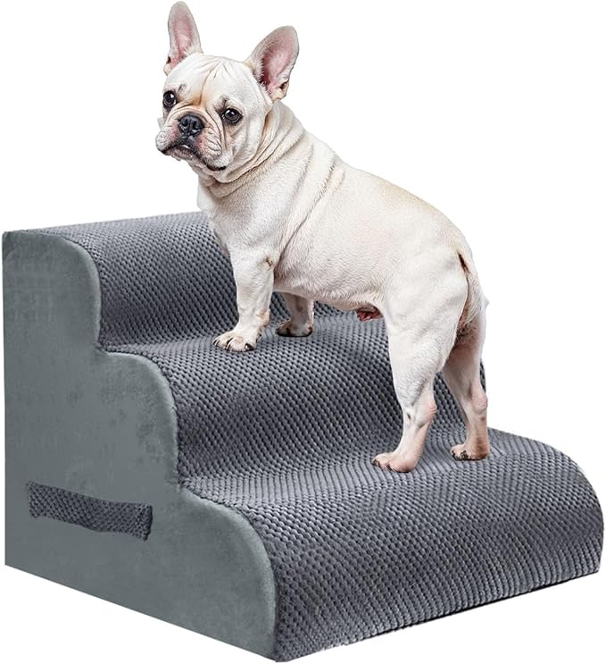 PAWSCART Pet Stairs for Dogs 3-Step, 15.7" H Pet Stairs for High Bed, Couch Sofa & Chair, 30D Material Soft Foam Dog Steps with Non-Slip Bottom Surface Removable Washable Cover, Grey