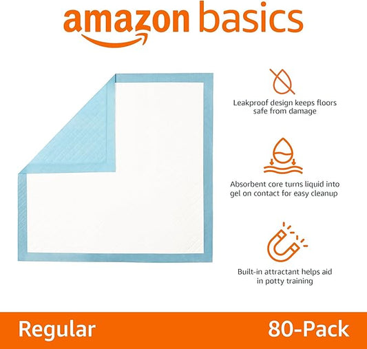 Amazon Basics Heavy Duty Dog and Puppy Pee Pads, Leak-Proof 5-Layer Ultra Absorbent, Quick-Dry Surface for Potty Training and Housebreaking, Regular Size, 24x23", Blue & White, 80 Count