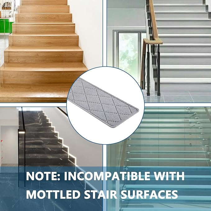 Stair Treads for Wooden Steps Indoor, 15 Pack 8" X 30" Non Slip Carpet Stair Treads with Reusable Adhesive for Kids Elders and Dogs, Surface Polyester TPR Backing Stair Rugs, Grey
