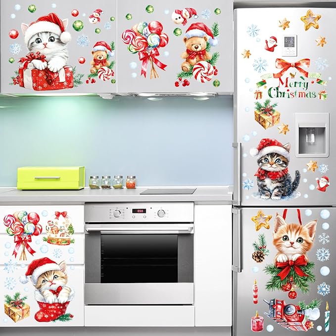 Christmas Window Clings Cat Stickers for Window Glass, 9 Sheets Xmas Decorations Cat Tree Bells Decals for Holiday Party(Cat2341)