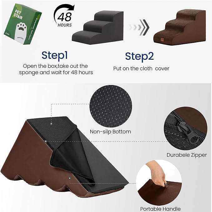 GoGoBunny Ramp Dog Stairs for Couch Sofa and Chair 15.7" H, 3-Step Pet Steps for Small Dogs and Cats, Non-Slip Waterproof Fabric Cover, Stable and Balanced Indoor Step, Pets Friendly, Brown