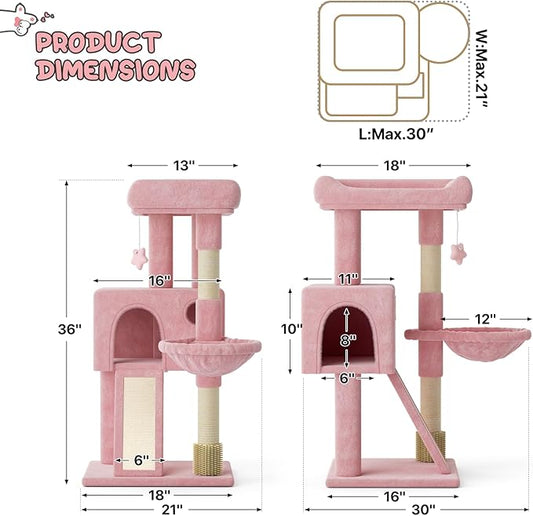 MoNiBloom 36 Inch Cat Tree Tower with Condo, Small Cat Tower with Scratching Post & Sisal-Covered Scratching Board, Climbing Tower with Hammock, for Indoor Cats, Soft Pink