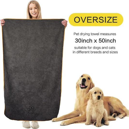 KinHwa Super Absorbent Microfiber Bath Towel for Dogs and Cats - 30 x 50 Inch, Dark-Gray, Suitable for Small, Medium, Large Pets