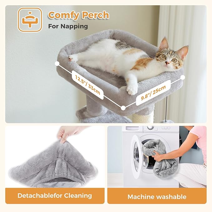 PAWZ Road Cat Tree, 51.6 Inches Cat Tower with Dual Condos, Spacious Perch, Cozy Basket and Sisal-Covered Scratching Posts for Small Cats and Kittens- Gray