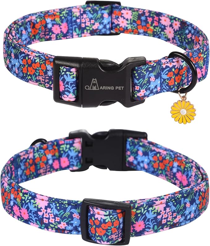 ARING PET Floral Dog Collar, Cute Blue Pink Orange Spring Summer Flower Doggy Pet Collars for Puppy Small Medium Large Girl Female Dogs-M