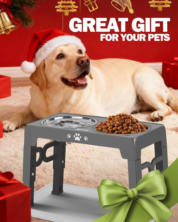 Elevated Dog Bowls with Mat, Non-Slip Dog Feeder with 1*Stainless Steel Dishes & 1*Slow Feeder Bowl, 5 Heights Adjustable Raised Bowls for 3.15″-8.66″-9.84″-11.02″-12.2″