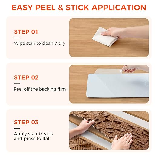 BAGAIL 15 Pack Non-Slip Stair Treads for Wooden Steps, 8"x30" Peel and Stick Carpet Stair Runners, Machine Washable Indoor Step Covers with No-Residue Adhesive for Dogs, Kids & Elderly - Brown