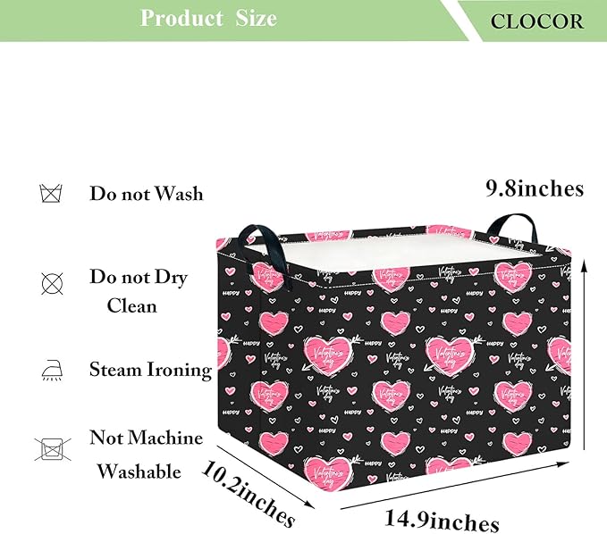 CLOCOR Rectangular Black Heart Gift Basket for Valentines' Day, Collapsible Cute Pattern Storage Bin,Waterproof Books Box with Handles,Gift Basket(Happy Valentine)