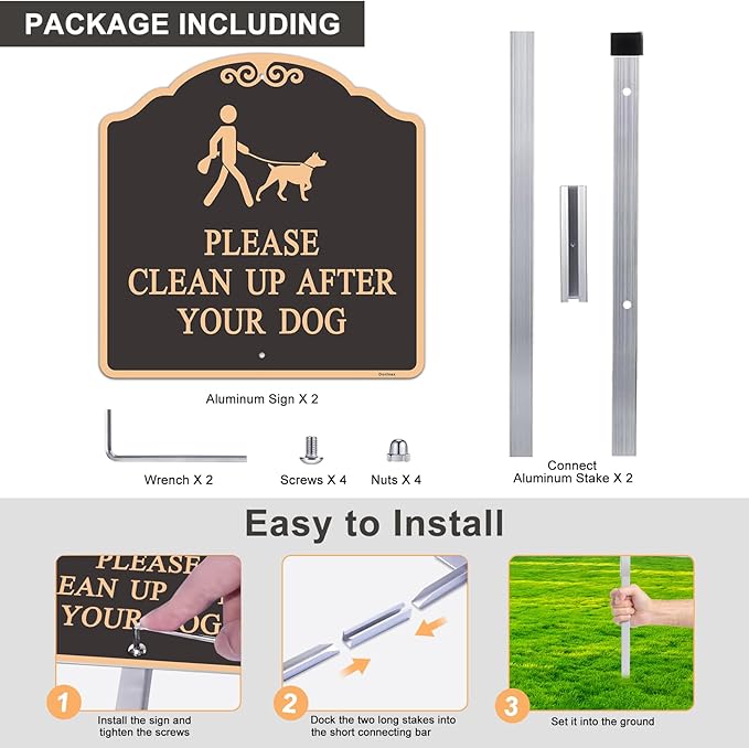 Large (2 Pack) 12x12 Inch Please Clean Up After Your Dog Sign, Metal, Reflective, Aluminum, Weatherproof Up to 7 Years Outdoor, Includes Stakes for Easy Mounting