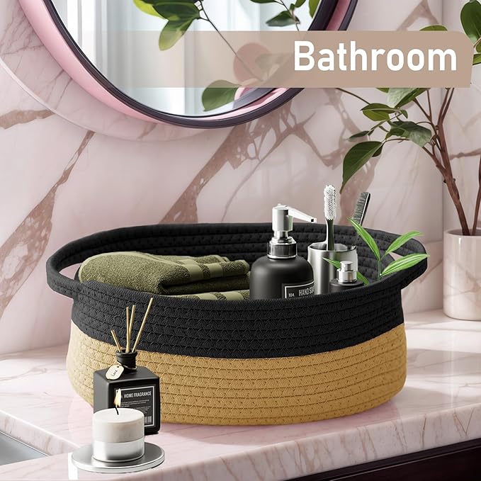 Woven Basket,Small Rope Storage Bin with Handles & Ribbon Bag, Organizer for Shelves Closets,Gift Basket Empty for Birthday,Books,Dog Toys, Black&Jute/3 Pack