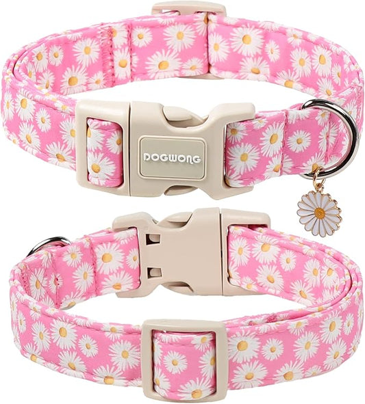 DOGWONG Flower Dog Collar-Daisy Flower Print Girl Dog Collar for Large Cute Dog Collars Spring Female Pet Gift Adjustable Heavy-Duty Soft Collar,L