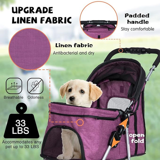 Dog Stroller for Small Dogs,Pet Stroller Strolling Cart Folding Pet Gear Lightweight Waterproof with Storage Basket for Puppy Small Medium Dogs Cats for Travel,Purple