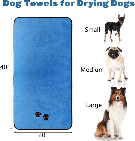 Fasmov 4 Pack Microfiber Dog Towels, 40"x 20" Large Pet Bath Towel, Microfiber Absorbent Towel Pet Bathing Supplies Quick Drying Paw Towel for Large, Medium or Small Dogs Cats Shower (Grey, Blue)
