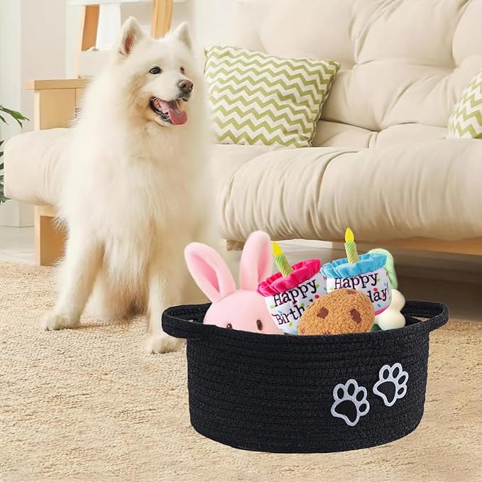 Small Woven Cotton Rope Nursery Organizer Bins, Dog Toy Basket Bins with Handle, Cute Empty Baby Gift Storage Baskets with Paw