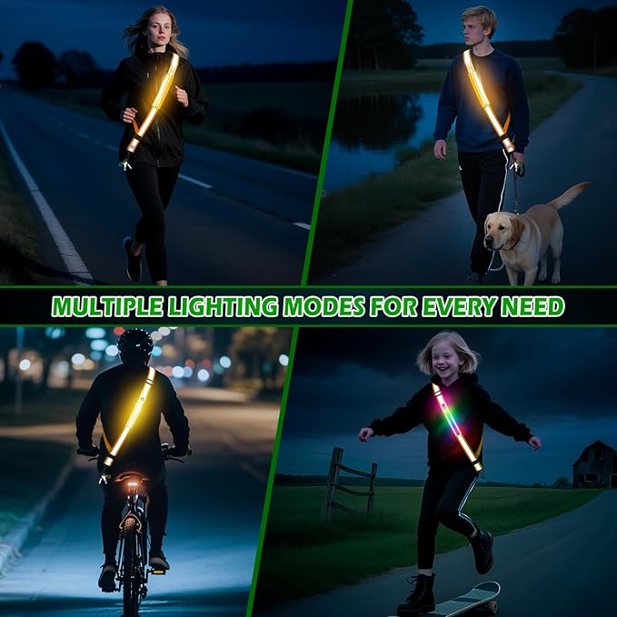 LED Reflective Belt Sash, Rechargeable LED Light Night Safety Walking Gear, High Visibility Adjustable Reflective Gear for Runners Walkers Cyclists at Night (Orange)