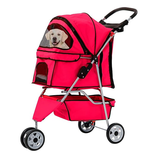 Pet Stroller for Small Medium Dogs & Cats,3-Wheel Breathable Compact Foldable Dog Carrier with Storage Basket, Outdoor Portable Lightweight Travel Stroller for Camping,Red