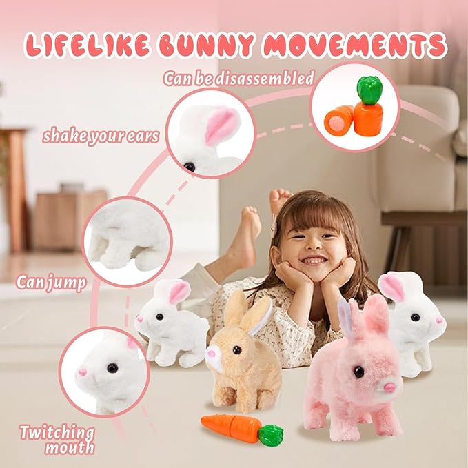 Easter Bunny Toy, Rabbit Interactive Hopping Electronic Pet Plush Bunny Toy with Sounds and Movements Animated Walking Wiggle Ears Twitch Nose (Brown+White)