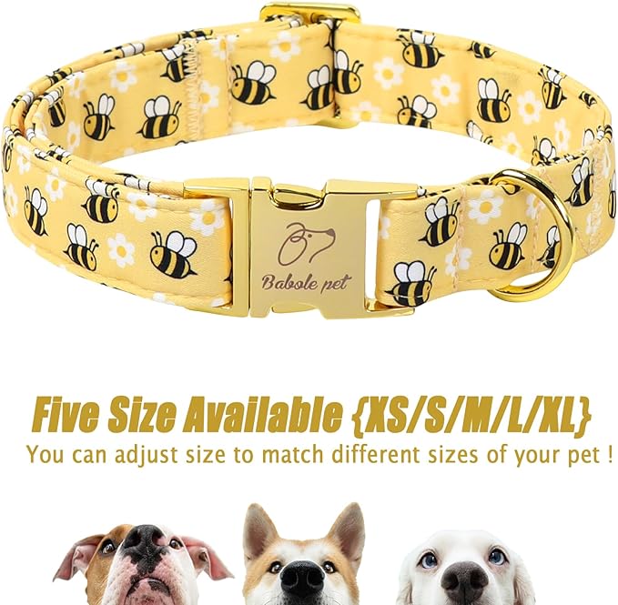 Yellow Bee Dog Collar, Cute Spring/Summer Cartoon Boy Girl Dog Collars, Adjustable Heavy Duty Male Female Dogs Collar for Small Medium Large Dogs with Metal Buckle L
