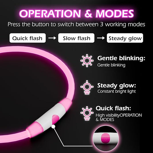 2-Pack Rechargeable Reflective Pet Gear LED Dog Collar Light Up, Flashing Glowing Illuminated Collar for Night Walking, Neon Pet Collar with Light for Small/Medium/Large Dogs (Pink&Red)