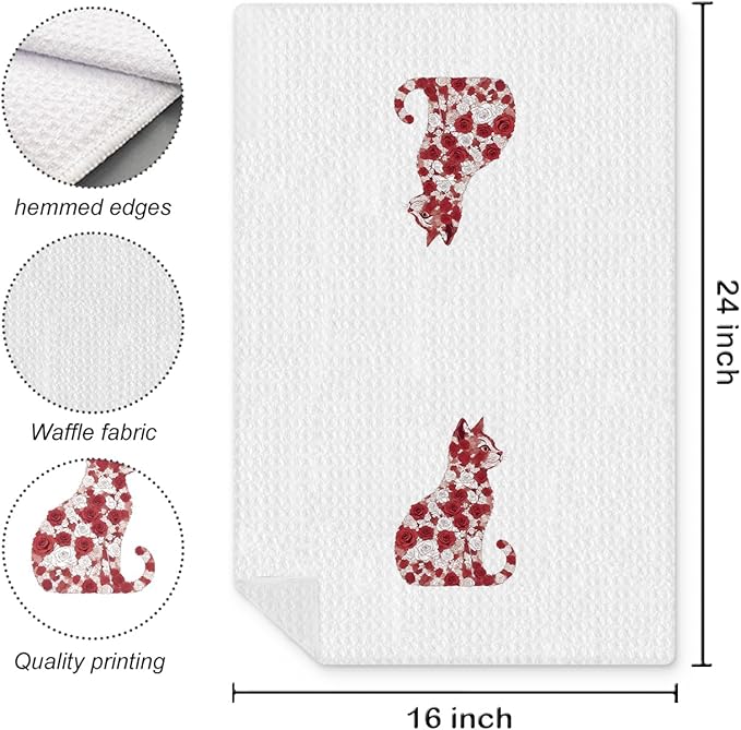 Red White Rose Floral Cat Kitchen Towel, Floral Cat Hand Towel for Bathroom Decor, Kitten Dish Tea Towel for Kitchen Decor, Pet Gifts for Kitten Lovers Women Girls, 16x24 Inch