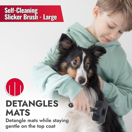 KONG Large Self-Cleaning Slicker Brush – Easy Hair Removal, Reduces Shedding, Non-Slip Grip, Long Metal Pins, for Medium to Large Dogs with Medium to Long Coats, Red/Gray