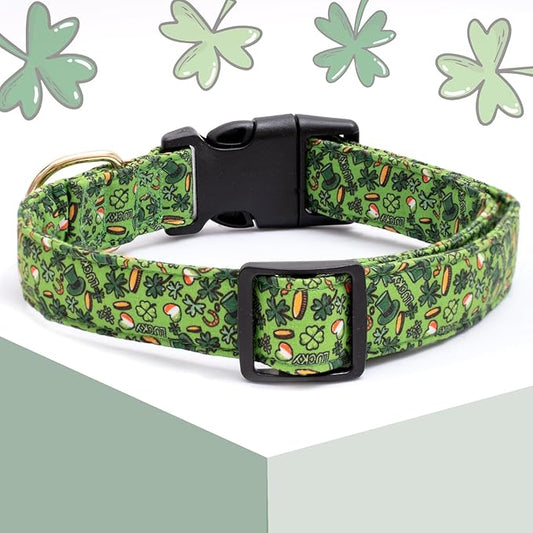 Faygarsle St Patrick's Day Dog Collar Cute Holiday Collar for Small Medium Large Dogs Green Trefoil Print Lucky Straw Cotton Dog Collar XS