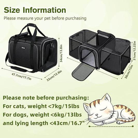 Pecute Cat Carrier Expandable, Extra Large Pet Carrier Bag, Foldable Cat Carrier Bag with Breathable Mesh, Pet Carrier Transport Bag for Dogs and Cats, with Shoulder Strap and Pet Bowl, Black