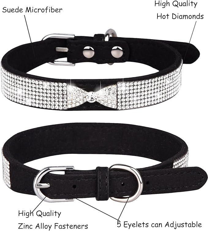 Bling Dog Collar for Small Medium Large Dogs, Crown Rhinestone Dog Collars for Girl and boy Dog, Diamond Puppy Collars, Adjustable Leather Suede SOFE Cat Collar (M(13"-15.4"/33CM-39CM), Black2)