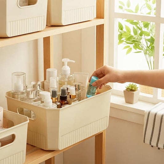 ANMINY 8PCS Plastic Storage Bins Containers with Lids, Large Storage Organization Bins Boxes, Lidded Plastic Storage Baskets for Closet Shelves Desktop, Ivory Lids, 1XL + 1L + 2M + 4S