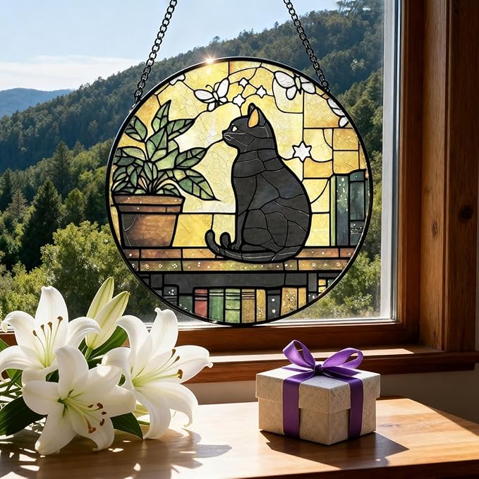 Greatingreat Stained Glass Window Hanging, Home Room Decor 7.8 Inch Cat Sun Catchers Indoor Window, Wall Art Home Decor Gift for Cat Lovers Women Mother's Day